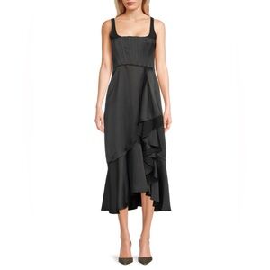 $298 NWOT BCBGMaxAzria Ruffle Midi Cocktail Dress in Black Sz 2